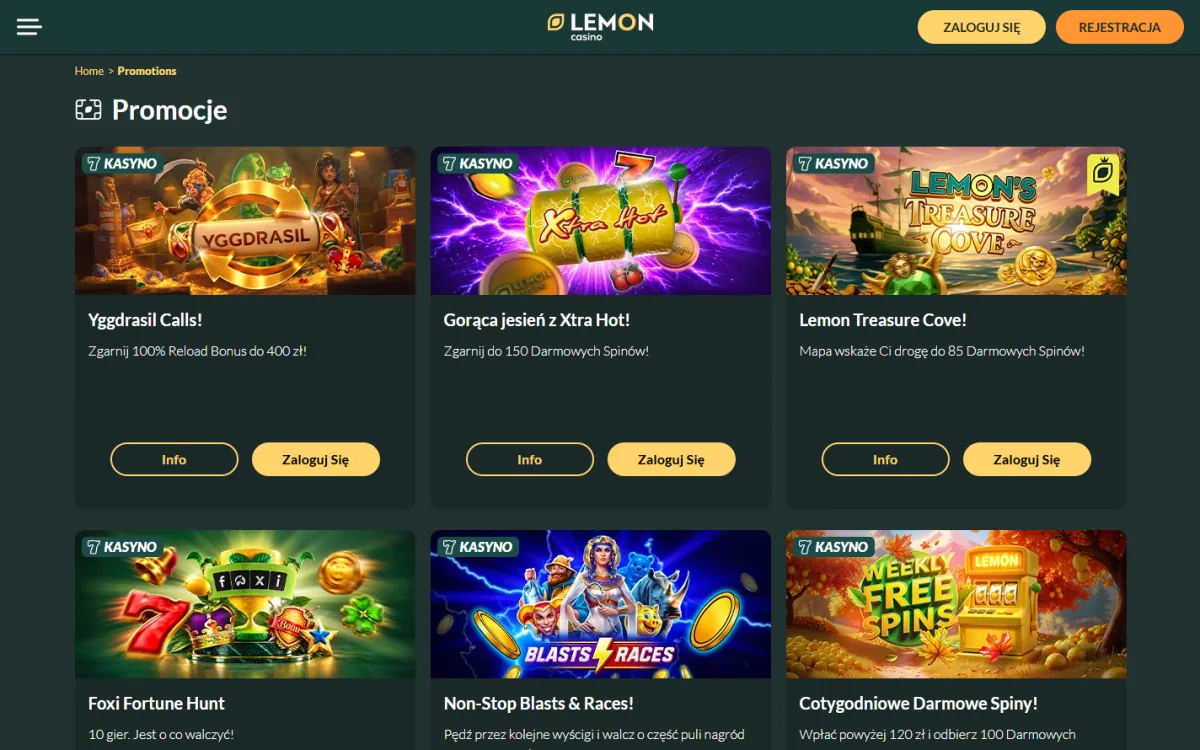 Zakładka Promocje w Lemon Casino PL z listą aktualnych bonusów