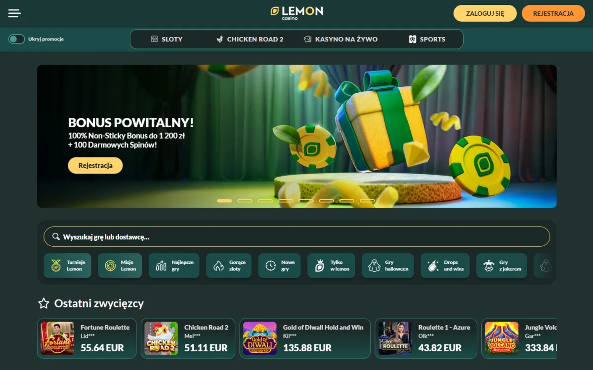 Strona główna Lemon Casino PL z banerem bonusu powitalnego 100% do 1 200 zł