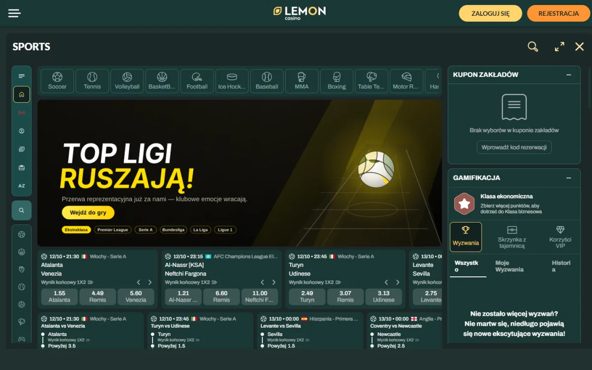 Dział zakładów sportowych Lemon Casino z ofertą piłkarską i zakładami na żywo